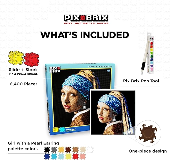 Pix Brix Pixel Art kit Puzzle Bricks - Girl w/Pearl Earring 6 400 Pieces - Patented Colorful Building Bricks to Recreate This Famous Print Create Builds Without Water Iron or Glue