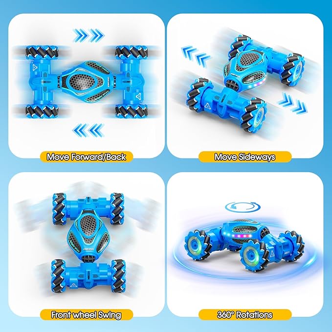 Gesture Sensing RC Stunt Car - Boys Toys Age 6-12 4WD Hand Controlled Remote Control Drift Twist Offroad 360° Rotation Car with Light &amp Music Cool Birthday Presents and Ideas Gifts for Kids Blue