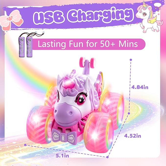 Remote Control Car Unicorn Monster Trucks for Girls 360° Rotating 4WD Stunt RC Cars with LED Lights and Music 2.4GHz Toy Various Terrain Pink RC Cars Birthday Gifts for Kids Girl Age 3-12 (LY-023)