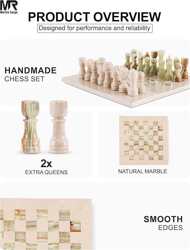 Marble Chess Set for Adults 12 Handmade Verona &amp Green Board Game with 32 Chess Pieces 2 Extra Queens &amp Storage Box Luxury Travel Game Elegant for Home Decor