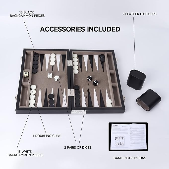 GSE Games &amp Sports Expert Premium Leather Backgammon Board Game Set Classic Backgammon Game Set with Leather Case Travel Folding Board Game (Black&ampGrey Small)