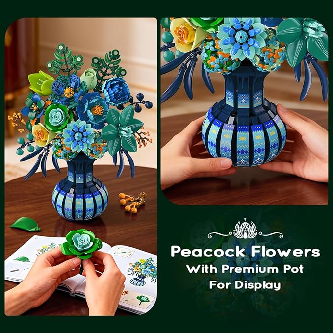 Flowers Building Set with Vase Easter Flower Bouquet Botanical Collection Building Block Toy 1309 PCS Peacock Artificial Plant Bonsai Kit Home Decor Gift for Her Adults Girls 12+