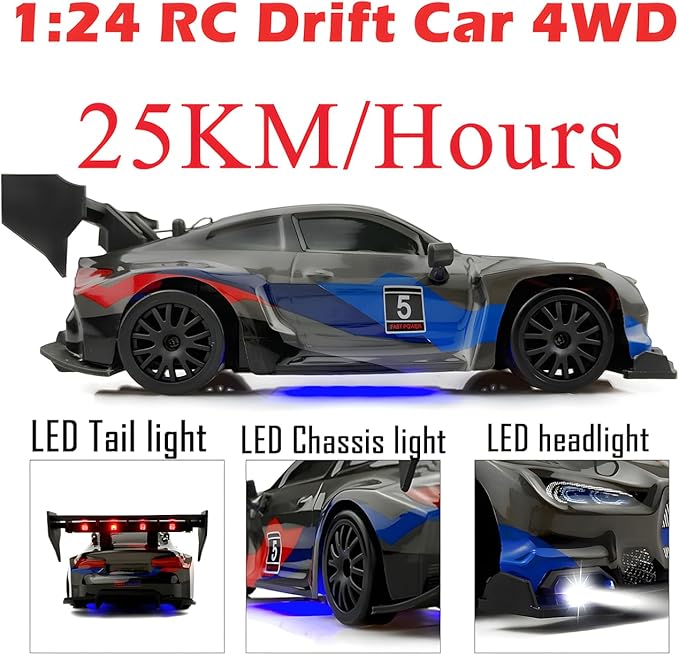 RC Drift Car 2.4GHz 1:24 Scale 4WD 25KM+/H High Speed Model Vehicle with LED Lights Drifting Tire Racing Sport Toy Car for Adults Boys Girls Kids Gift (Black)