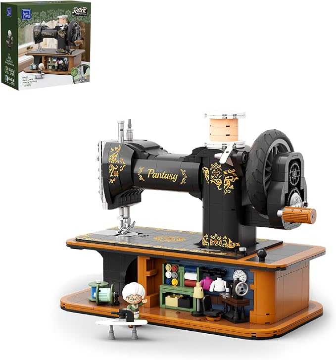 PANTASY Retro Building Set Vintage Hand Crank Sewing Machine Brick Model Collectible with Functional Gear Linkage Hidden Mini Tailor Shop Scene Adult Display and Desk Decor Gift
