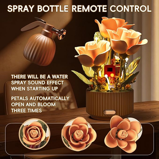 Rose Flower Building Blocks Set Motorized Blooming Flowers for Adults Romantic Gift for Women Girlfriend Home Desk Decor DIY Botanical Display 255 PCS
