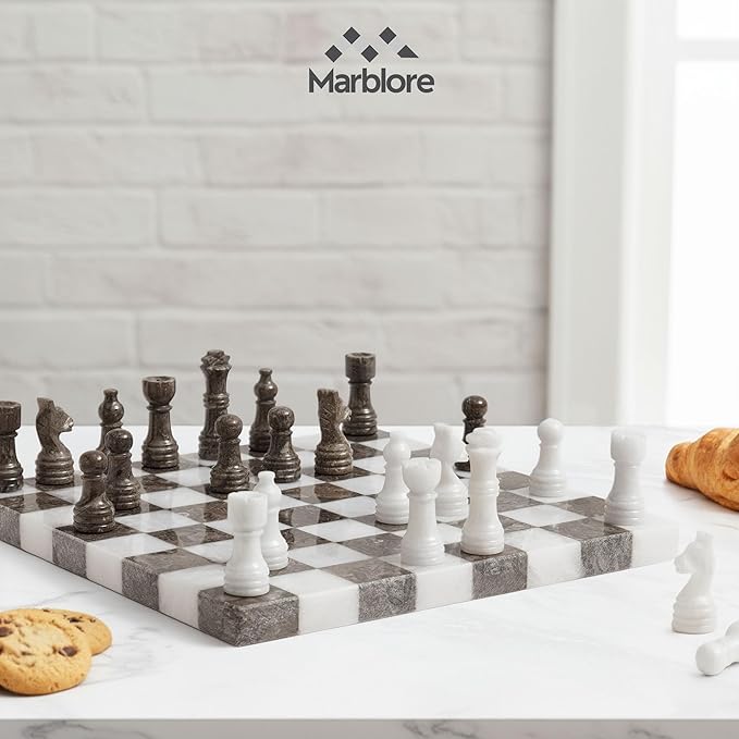 Marble Chess Set 10 Inch White &amp Oceanic Luxury Chess Board Set with 32 Pieces &amp 2 Extra Queens Classic 2 Player Game for Adults Travel &amp Home Decor Friendly