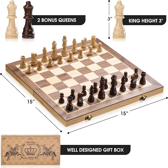 ASNEY Upgraded Magnetic Chess Set 15 Tournament Staunton Wooden Chess Board Game Set with Magnets Crafted Chesspiece ans Storage Slots for Kids Adult Includes Extra Queens