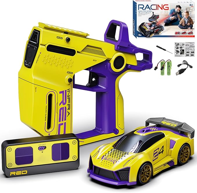 3-in-1 RC Drift Car — Sports/Racing 2-Player Battle Set with Infrared Gun Shooting &amp Flip Effects 60-Min Playtime Family-Friendly 2.4GHz Remote Control Car Toy for Kids Ages 6+ (Yellow)