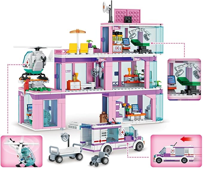 QLT QIAOLETONG Friends City Hospital Building Set Ambulance Truck with Hospital Bed Wheelchair Playset Birthday Gift for Boys Girls Kids 6+ Years Old-Compatible with Lego for Girls Age 8-12
