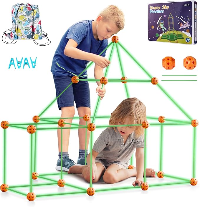 VEVOR Fort Building Kit for Kids 85PCS Glow in The Dark STEM Building Toys Educational Gift for 4 5 6 7 8+ Year Old Boys &amp Girls Indoor Outdoor Play Tent Construction Toys with 55 Rods and 30 B