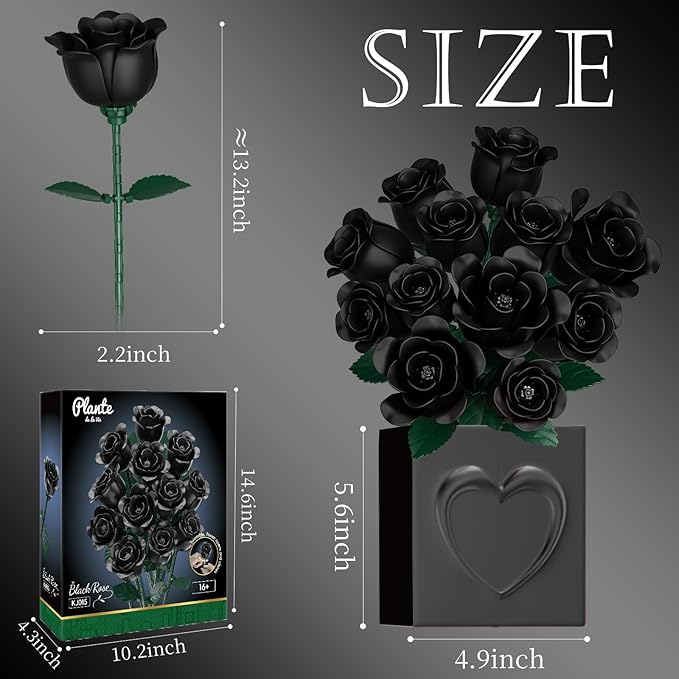 Black Rose Bouquet Building Set Rotatable Control for Flowering Flowers Botanical Christmas Valentine's Day Gifts for Adults - Gothic Home Office Table Bookshelf Decor