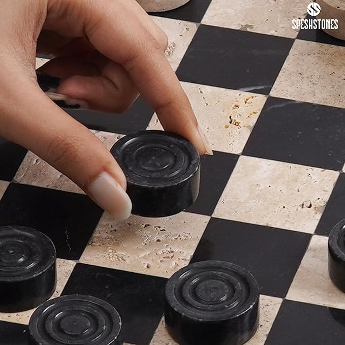 Marble Checkers Set 15 Inch Handmade Travertine &amp Black Checkers Board Game with Checker Pieces - Board Games for Adults Game Table Accessories Gifts &amp Home Décor