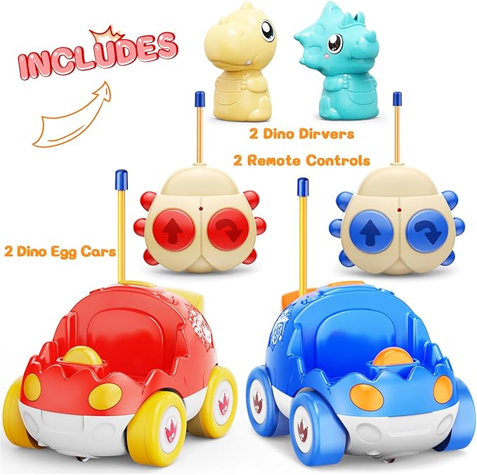 2 Pack Dinosaur Remote Control Cars Toys for Kids 2 3 4 5 Years Old Easter Present Birthday Gifts for Boys and Girls Ages 2-5 Dino Race Car Toddlers Toys with Music and Light(Red Blue)