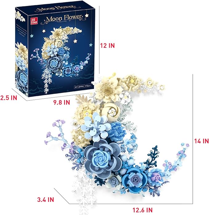 Blue Flowers Moon Building Blocks Set 934 Pcs Dried Flower Botanicals Collection Creative Floral Building for Wall Decor Compatible with Lego Flowers Artistic Gift with Ages 6+