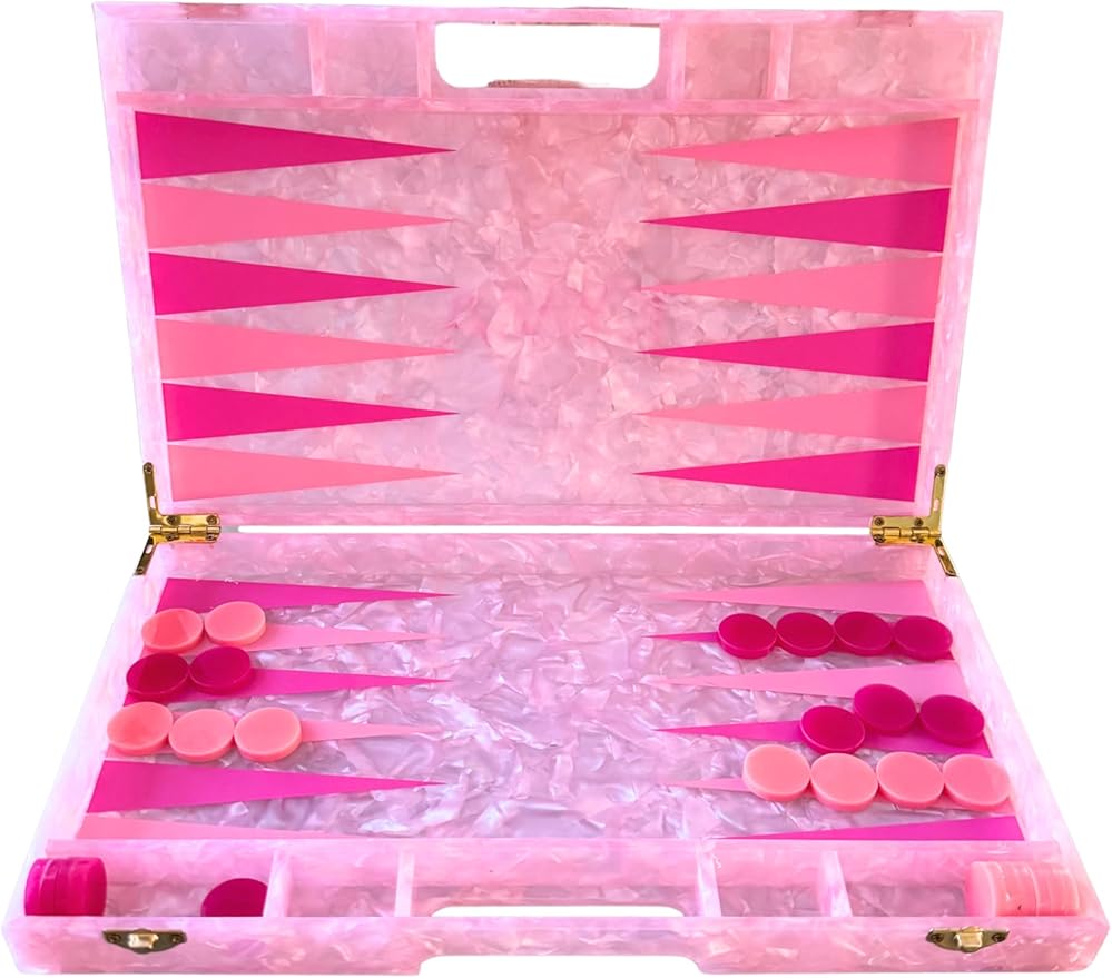 Luxury Backgammon Set Board Game with Dust Bag Marbled Pink with Gold Hardware Acrylic Material 14 Complete Game Pieces for Adults and Kids