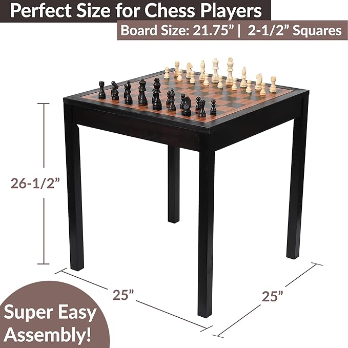 Sterling Games Wooden Chess Table | Chess Checkers and Backgammon 3 in 1 Combo Game Table Furniture Set 25 x 25 4 King Dark Zebra