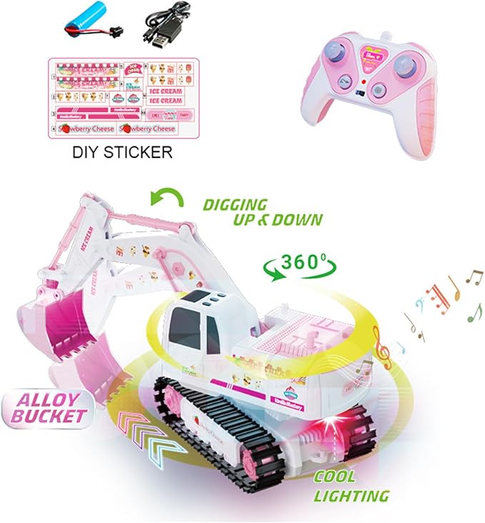 Pink RC Excavator 6 Channel 2.4Ghz RC Construction Vehicle1:24 Scale Pink Excavator Toy with 360° Rotation Light Sound and DIY Stickers Birthday Gift for Teens Adults (1 Battery)