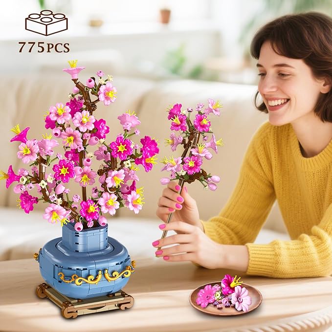 HOGOKIDS Flowers Cherry-Blossom Bonsai Building Set - 2 in 1 Artificial Bonsai Tree Plants for Home Decor &amp Display Cherry Botanical Building Blocks Birthday Easter Gift for Adults Teens (775PCS)