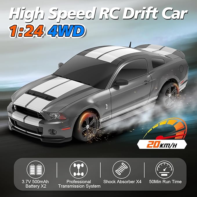 YONCHER RC Drift Car Remote Control Car for Kids Ford Mustang Shelby GT500 Officially Licensed 1:24 20KM/H 4WD with Lights Fast Racing Toy Car for Boys Girls Gray