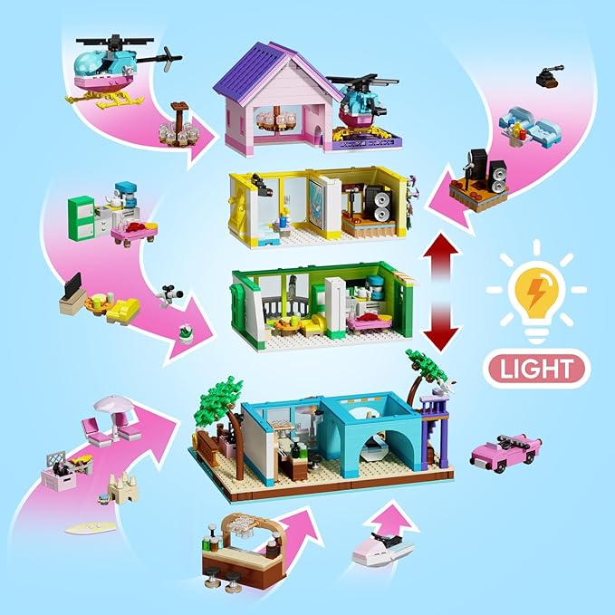 Beach House Building Set with Light NO Compatible with Lego Friend House for Girls Age 8-12 1346PCS Mini Bricks Seaside Villa Creative Holiday Cottage Building Kits for Girl 8-14
