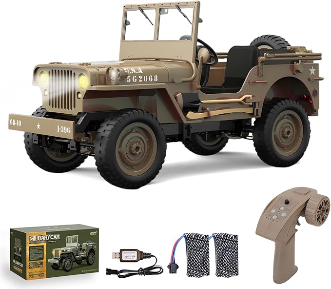 RC Crawler 1:10 Scale D888 Willys Military Jeep 2.4Ghz 4WD Off Road Rock Crawler with Lights Removable Accessories All Terrain RC Jeep Toy for Adult Teens-Upgradable (2 Batteries)