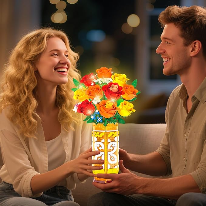 Flower Bouquet Building Set with Vase &amp LED Light Yellow Orange and Red Roses 3.6MM Mini Building Blocks Gifts for Women/Girlfriend/Wife Small Fake Flowers for Home Office Decor