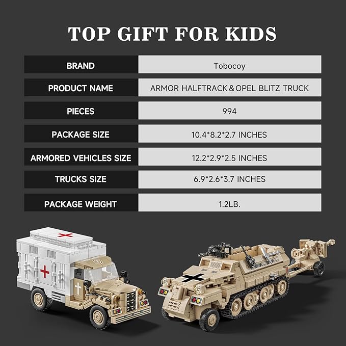 WWII Military Vehicle Opel Blitz Truck &amp Armored Halftrack Building Toy Compatible with Lego Military Set Great Gifts for Adults &amp Kids Age 8+ (994PCS)
