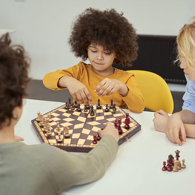 Husaria Wooden Three-Player Chess Game Set - 21 Inches - with Foldable Board Handcrafted Playing Pieces and Felt-Lined Storage