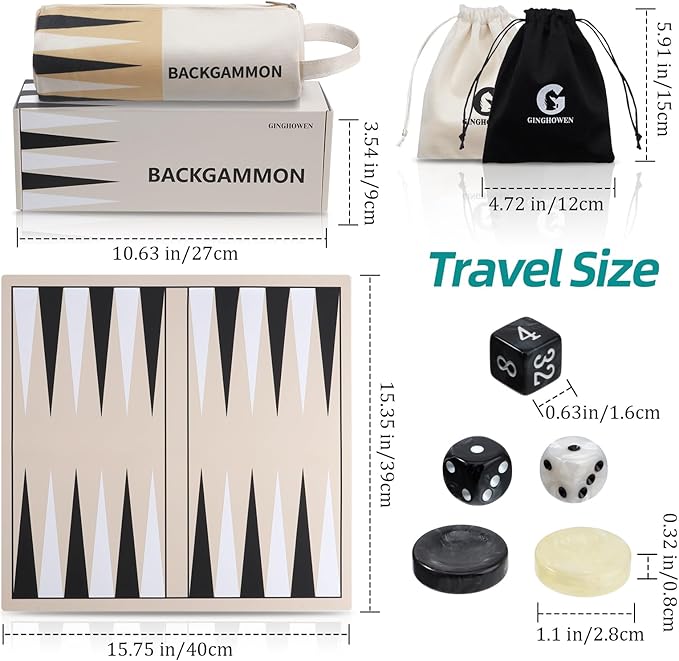 Backgammon Set Premium Silicone Backgammon Classic Board Games for 2 Players Foldable Backgammon Portable Travel Game Set with Carrying Storage Bag (Khaki)