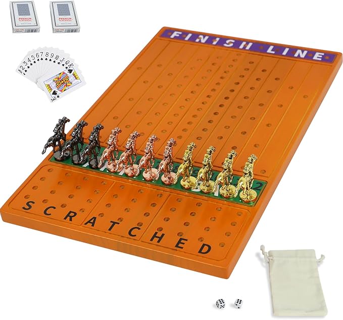 Horse Race Board Game Racing Game Thickened Solid Wood with 11 Luxurious Durable Classic Metal Horses with 4 Dice and 2 Boxes of Cards Horse Racing Game (Red Peach Rectangle