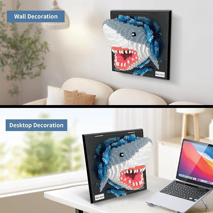 Shark Animal 3D Wall Art Micro Mini Building Blocks Set for Adults Unique Home Wall Decor or Table Display No Compatible with Lego Ideal Birthday Christmas Toy Gift for Teens (2166 PCS)