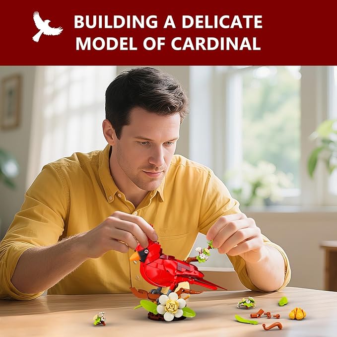 Northern Cardinal Building Set Male Cardinal Bird with Blooming White Dogwood Flowers Creative Set for Adults to Build and Display Red Cardinal Modle Memorial Gifts for Bird Lovers