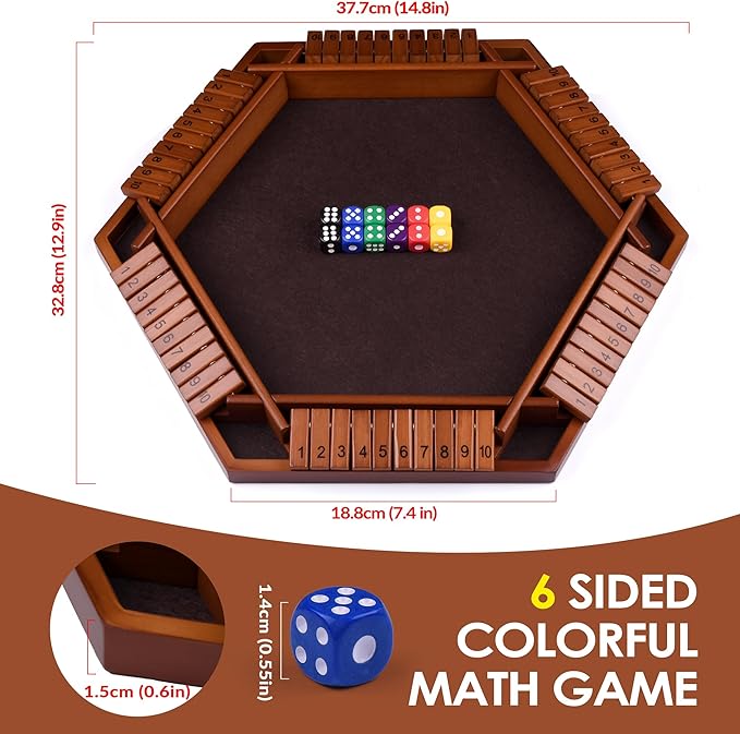 1-6 Players Shut The Box Dice Game 10 Numbers Traditional Wooden Pub Bar Board Gam for Classroom Party or Pub