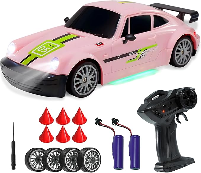 SANCO 1:20 RC Drift Car - 2.4G Drifting Car with Dual Tire System &amp LED Lights 20+KM/H 50-Minute Playtime Racing Toy Remote Control for Adults Boys Girls 2pcs Rechargeable Batteries （Pink）