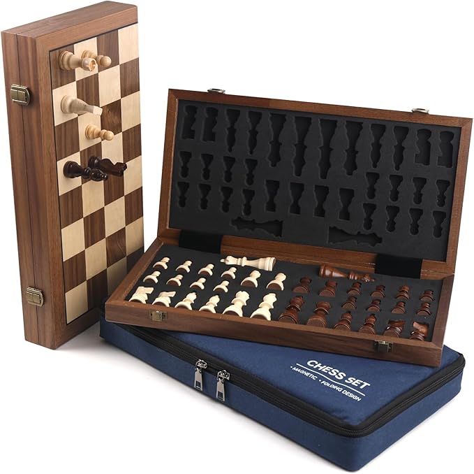 Ajedrez 15 Magnetic Chess Set for Adults/Kids—Folding Travel Wooden Board with Storage Bag Portable Beginner &amp Expert Chess Sets