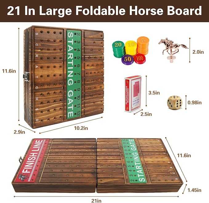 FUNNYB&ampG 21 inches Horse Race Board Game Foldable Large Horse Racing Game for Adults with 11 Metal Horses Solid Wood 60 Pcs Poker Chips 2 Dice 1 Pack of Cards for Family Tabletop Parties(Brown)