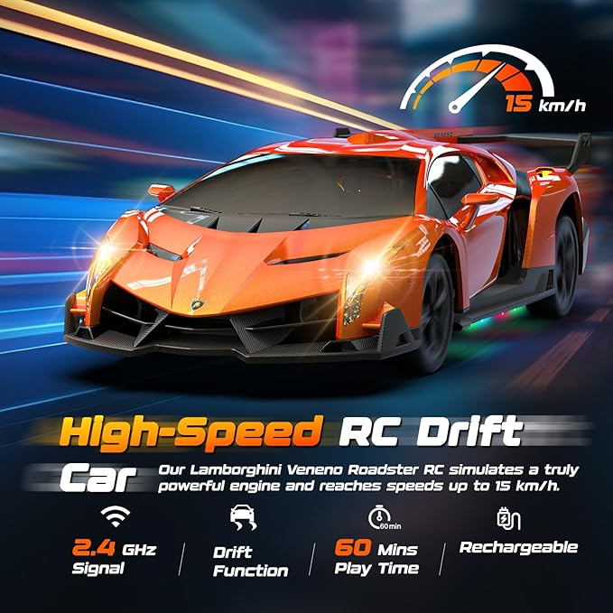 Lamborghini Remote Control Car Toy Officially Licensed RC Drift Car 15Km/h with Underglow &amp Headlights 1:24 Scale 2.4GHz 2 Batteries 60 Min Play RC Gift Toy for Boys &amp Girls Ages 3-12 &amp