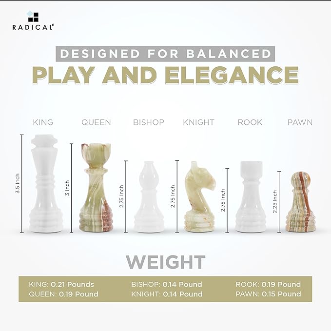 Radicaln Marble Chess Figures 3.5'' Inches White and Green Handmade Marble Chess Pieces for Board Game Figures &amp Board Travel Set for Adults
