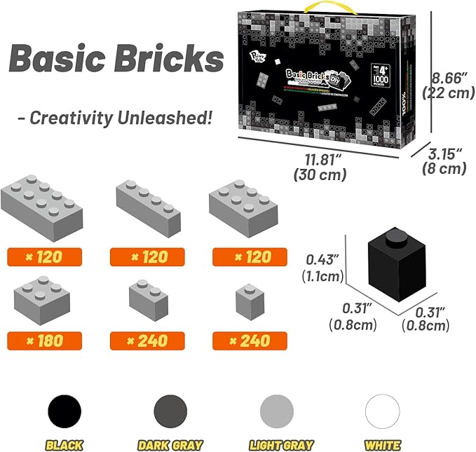 1000 Piece Blocks for Building Classic Bulk 2x4 Basics Bricks Building Set Compatible with All Major Brands Creative STEM Building Toys for Kids Ages 4 5 6 7 8 (Black &amp Gray &amp White)