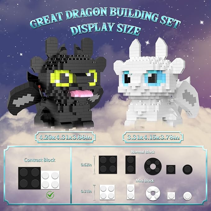 Micro Dragon Building Set 1158 PCS Fantasy Black and White Dragons Creative Micro Bricks Kit with Movable Wings Birthday