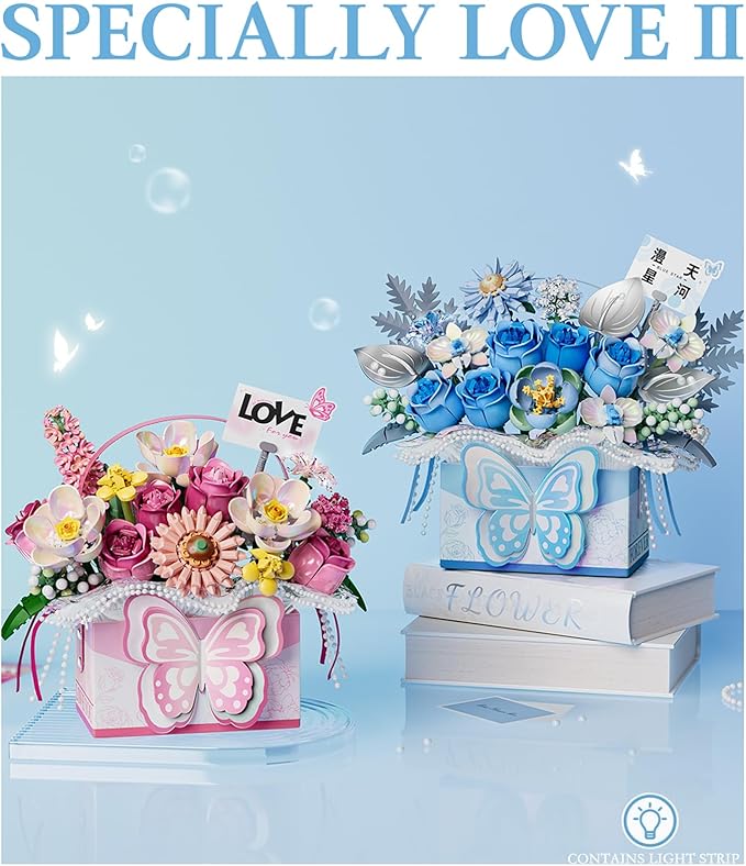 Flower Bouquet Building Blocks Model SetSimulation Artificial Rose Bonsai Plant Building Bricks ToysHandheld Gift Box Home Decor (Blue Butterfly)
