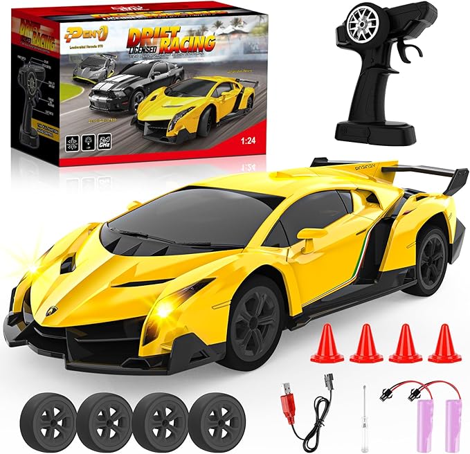 1:24 Lamborghini RC Cars - Dift Cars Licensed Lambo Remote Control Car with Dift Tyles &amp Road Blocks 2.4GHz Fast Speed Toy Car Christmas Toys GIFS for Kids Age 5+ Years Old (Yellow)