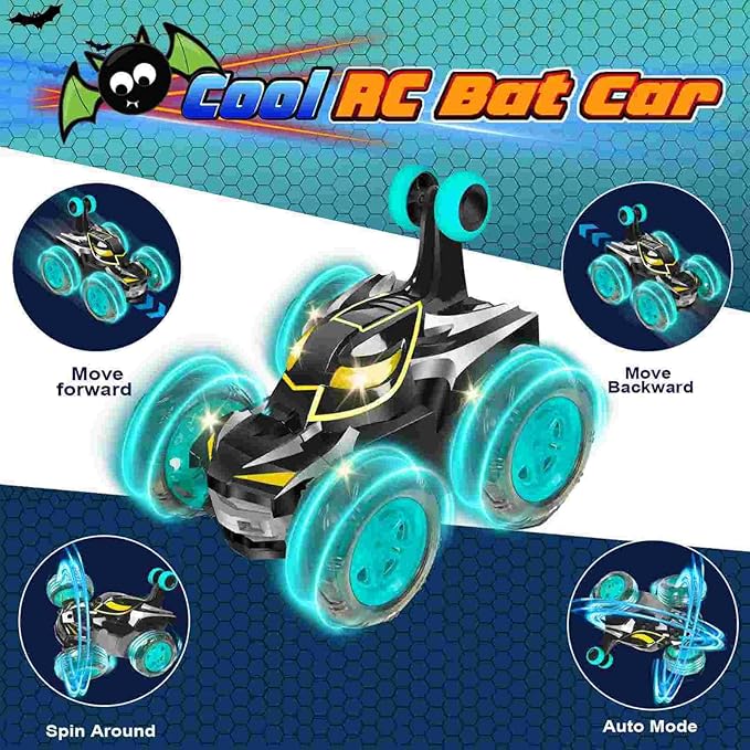 Kids Toys Bat RC Car for Boys 4-7 - Cool Bat Monster Remote Control Crawler Toy 360° Flip Fast Stunt &amp 4WD Light Up Wheel - Fun Boy Gift Idea for Birthday Chirstmas Stuff Age 3 4 5 6 7 8