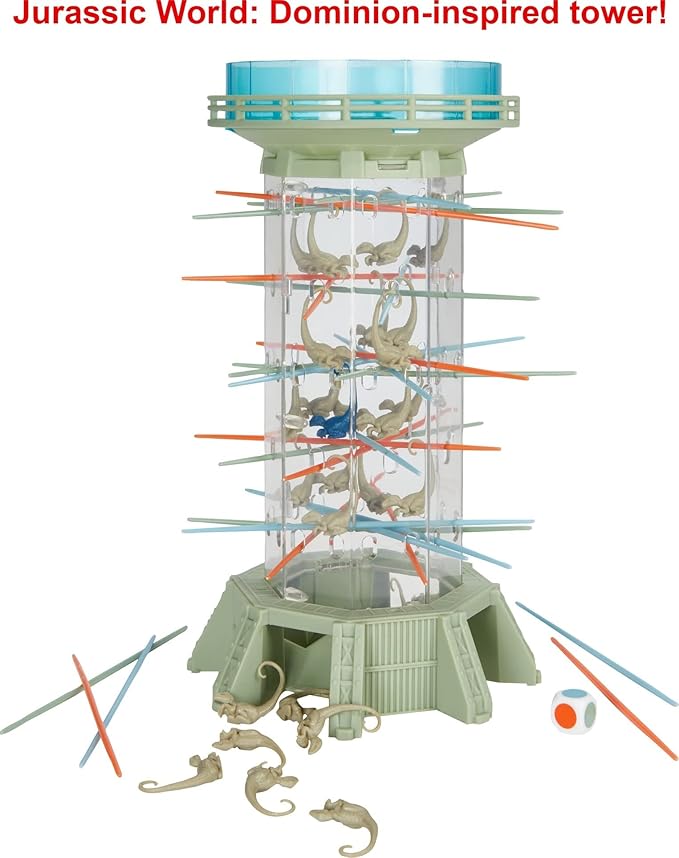 Mattel Games Jurassic World Dominion KerPlunk! Raptors Game with Tower Sticks and Toy Velociraptor Dinosaurs Toy and Collectible