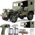 RC Jeep 1/10 Scale Willys Hobby RC Car Off-Road Military Crawler 2.4Ghz Military Truck 4WD RC Crawler with Light Tarpaulin Metal Shaft 4x4 Off Road Vehicle RTR Jeep Car 2 Batteries
