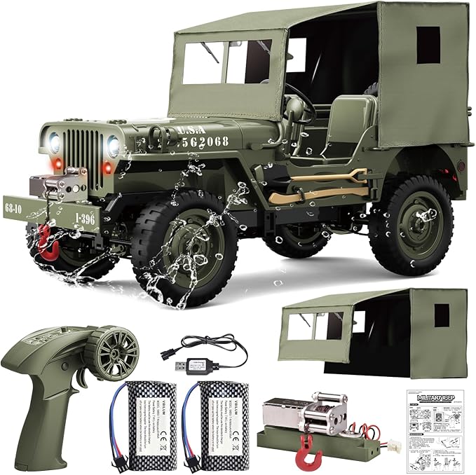 RC Jeep 1/10 Scale Willys Hobby RC Car Off-Road Military Crawler 2.4Ghz Military Truck 4WD RC Crawler with Light Tarpaulin Metal Shaft 4x4 Off Road Vehicle RTR Jeep Car 2 Batteries