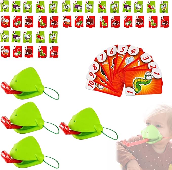 Chameleon Tongue Shooting Game Frog Mask with Blow Tongue Multiplayer Party Game Fun and Engaging Family Board Games Quick Reflexes and Precision Skill Challenge with Insect Cardboard (4 Sets)