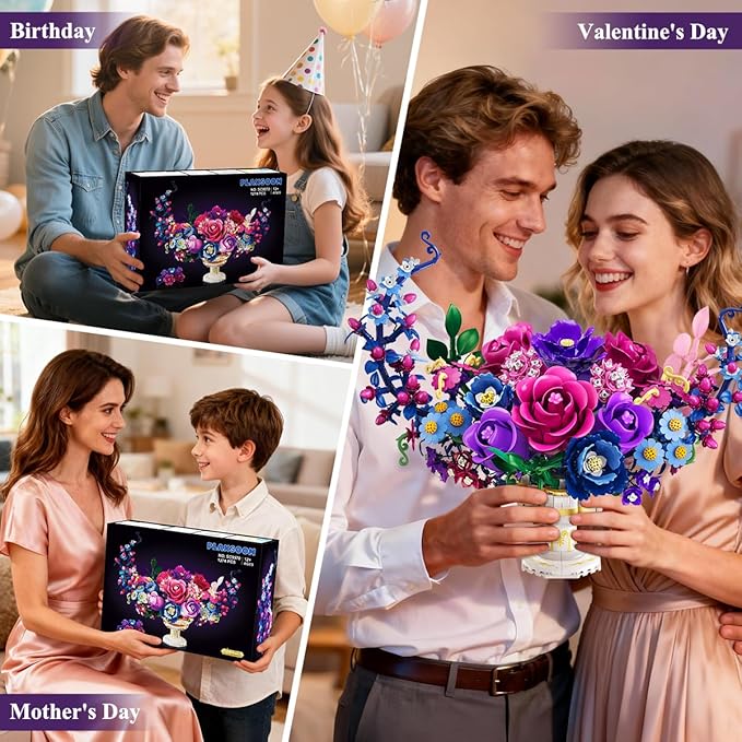 Moon Flower Bouquet Building Set with Lights Valentines Day Flowers Botanicals Building Block Kit 1274 PCS Bonsai Plant Collection Home Decor Gift for Her Adults Women Boys Girls 12+