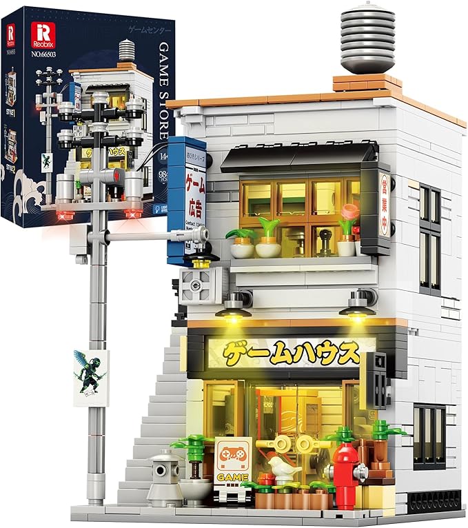 Reobrix Japanese Game Store Building Blocks with Light 2 in 1 Japanese Street View House Model Set 66503 Creative Modern Construction Toy Ideal Collectible Gifts for Adults and Boys