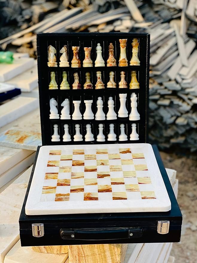 Marble Chess Set Handmade Onyx Full Chess Game Set.Comes in Rexine Box Packaging. Perfect for Gifting (White Multigreen)
